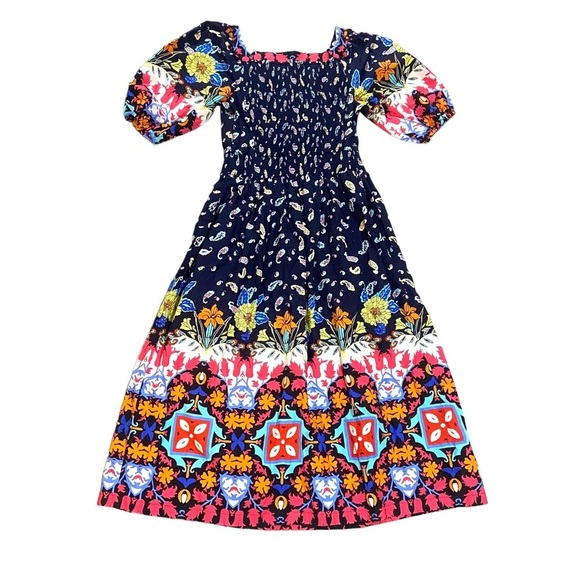 Anthropologie Dresses & Skirts - Anthropologie Kaya Smocked Midi Dress Organic Cotton Block Print Floral XS